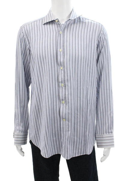 Etro Milano Mens Collared Striped Long Sleeve Button Down Shirt Blue Size 42