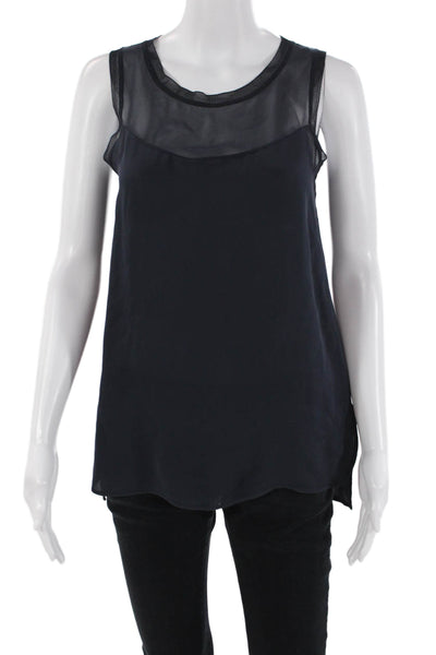 Vince Womens Sleeveless Scoop Neck Sheer Trim Silk Top Navy Size Extra Small