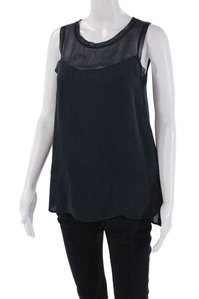 Vince Womens Sleeveless Scoop Neck Sheer Trim Silk Top Navy Size Extra Small
