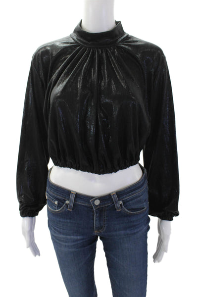 Venti 6 Womens Shiny Print Mock Neck Long Sleeve Cropped Blouse Black Size S