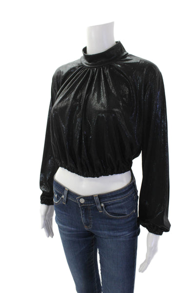 Venti 6 Womens Shiny Print Mock Neck Long Sleeve Cropped Blouse Black Size S