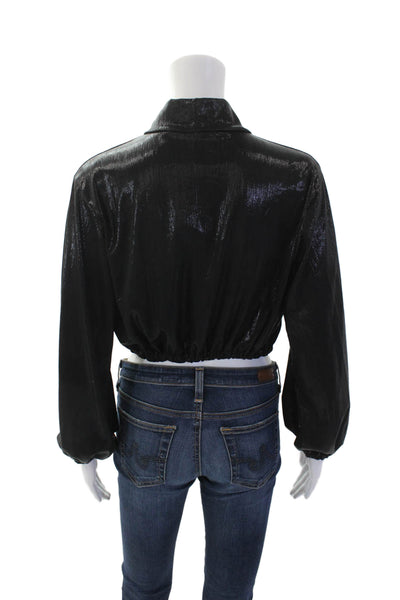 Venti 6 Womens Shiny Print Mock Neck Long Sleeve Cropped Blouse Black Size S