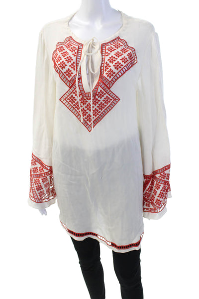 Haute Hippie Womens Silk Eyelet Key Hole Neck Blouse White Red Size Medium