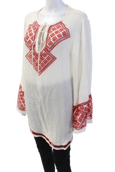 Haute Hippie Womens Silk Eyelet Key Hole Neck Blouse White Red Size Medium