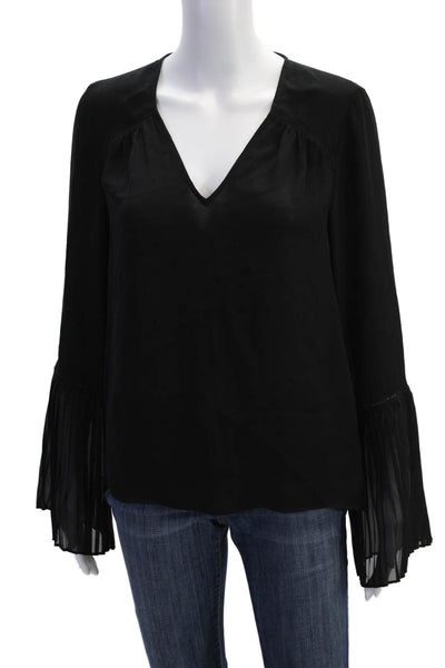 Ramy Brook Womens Silk Long Sleeve V-Neck Pullover Blouse Solid Black Size S