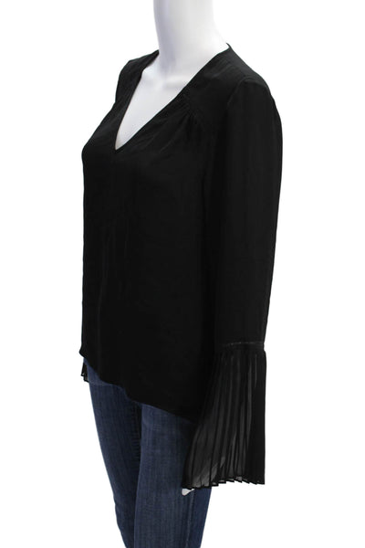 Ramy Brook Womens Silk Long Sleeve V-Neck Pullover Blouse Solid Black Size S