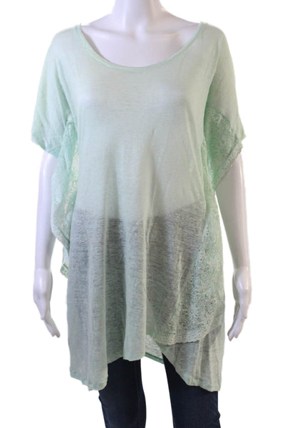Sunday Womens Linen Low Back Detail Lace Trim Sheer Blouse Mint Green Size L