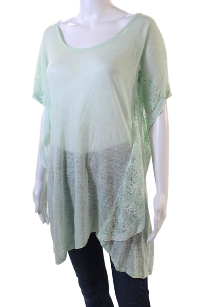 Sunday Womens Linen Low Back Detail Lace Trim Sheer Blouse Mint Green Size L