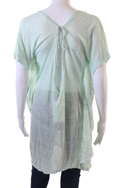 Sunday Womens Linen Low Back Detail Lace Trim Sheer Blouse Mint Green Size L