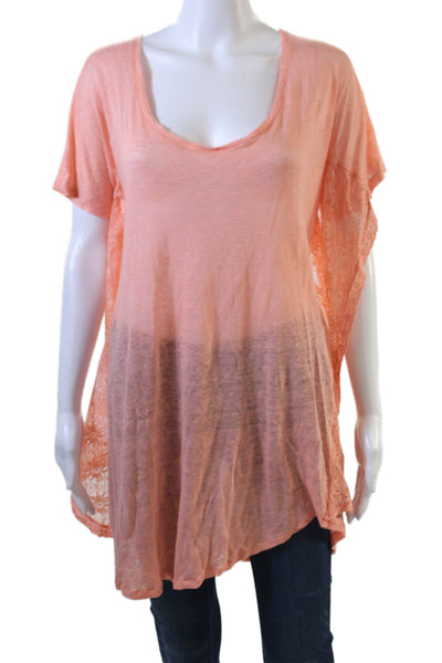 Sunday Womens Linen Sheer Low Back Detail Lace Trim Blouse Orange Size L