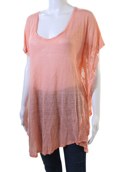 Sunday Womens Linen Sheer Low Back Detail Lace Trim Blouse Orange Size L