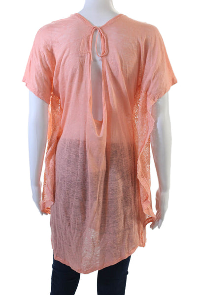 Sunday Womens Linen Sheer Low Back Detail Lace Trim Blouse Orange Size L