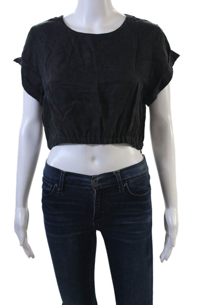 Zara Womens Short Sleeve V-Neck Cropped Button Up Blouse Top Gray Size L