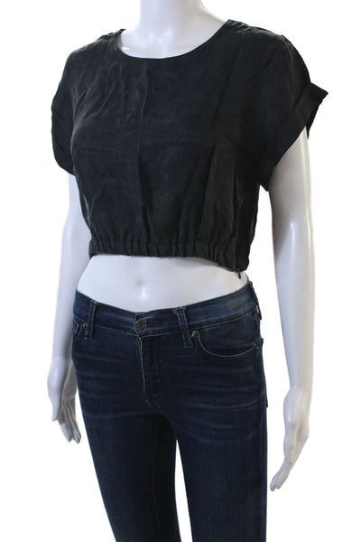 Zara Womens Short Sleeve V-Neck Cropped Button Up Blouse Top Gray Size L