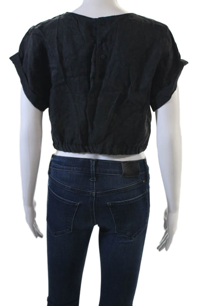 Zara Womens Short Sleeve V-Neck Cropped Button Up Blouse Top Gray Size L