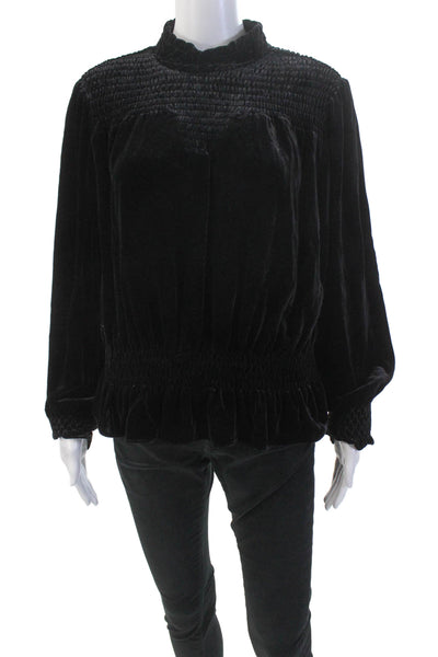 Frame Womens Velvet Smocked Neckline Balloon Sleeve Blouse Solid Black Size M
