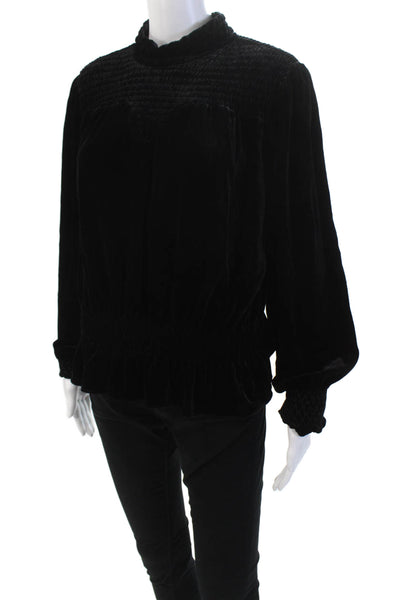 Frame Womens Velvet Smocked Neckline Balloon Sleeve Blouse Solid Black Size M