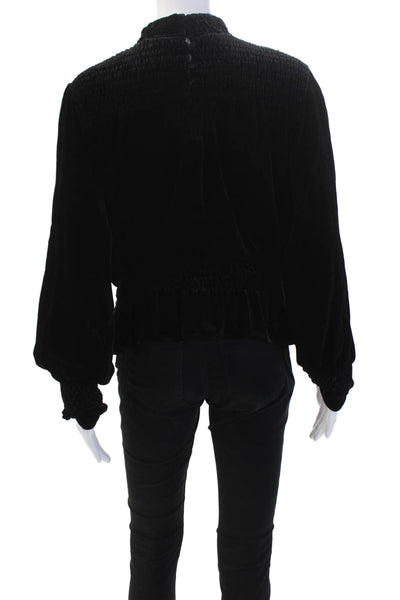 Frame Womens Velvet Smocked Neckline Balloon Sleeve Blouse Solid Black Size M