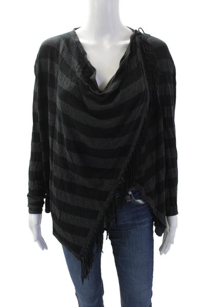 Central Park West Womens Striped Print Fringe Hem Open Cardigan Black Size XS