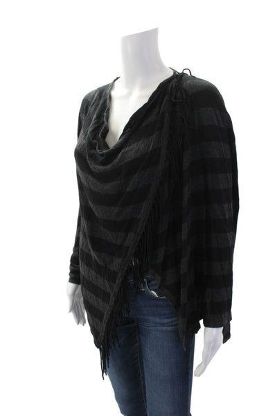 Central Park West Womens Striped Print Fringe Hem Open Cardigan Black Size XS