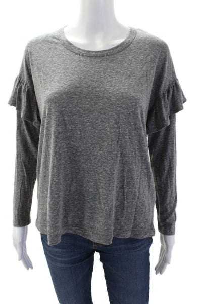 Sundry Womens Basic Long Sleeve Round Neck Ruffle Shoulder Top Gray Size 0