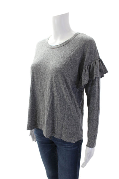 Sundry Womens Basic Long Sleeve Round Neck Ruffle Shoulder Top Gray Size 0
