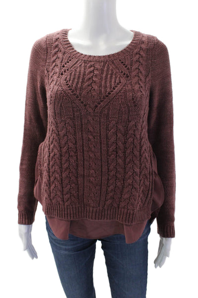 Anthropologie Womens Woven Knit Print Round Neck Split Hem Sweater Red Size S