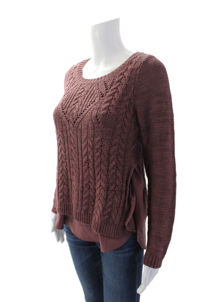 Anthropologie Womens Woven Knit Print Round Neck Split Hem Sweater Red Size S
