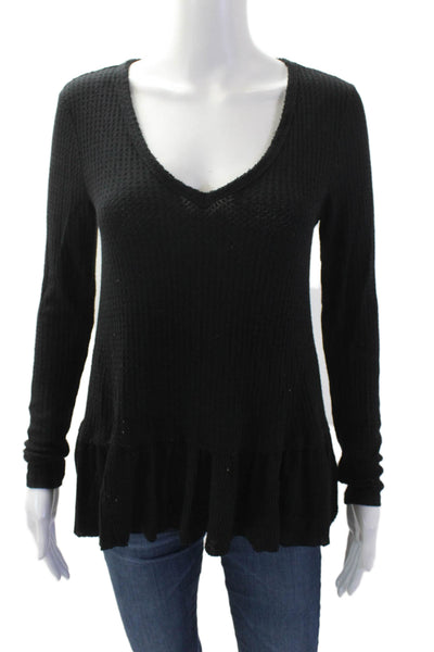 Eri + Ali Womens V-Neck Long Sleeve Flare Hem Blouse Top Black Size XS