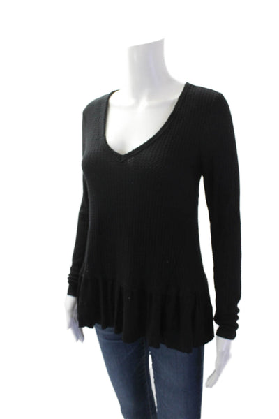 Eri + Ali Womens V-Neck Long Sleeve Flare Hem Blouse Top Black Size XS