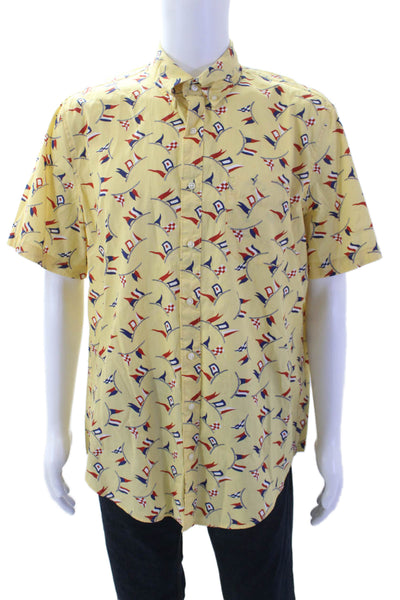 J Crew Mens Cotton Graphic Print Collared Button Down Top Yellow Size L