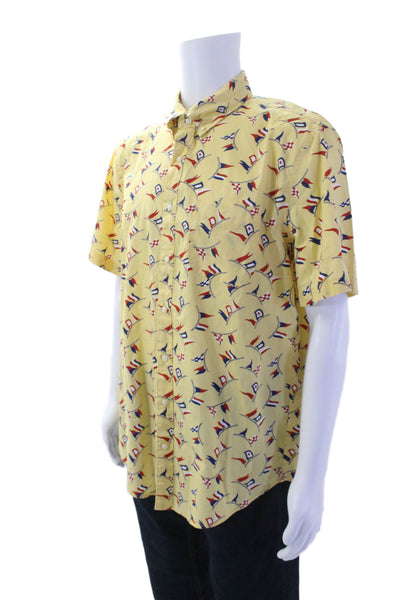 J Crew Mens Cotton Graphic Print Collared Button Down Top Yellow Size L
