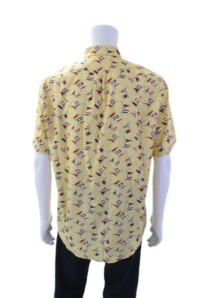 J Crew Mens Cotton Graphic Print Collared Button Down Top Yellow Size L
