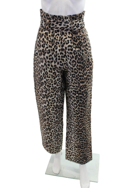 Ganni Womens Animal Print Belted High-Rise Wide-Leg Pants Brown Size 32