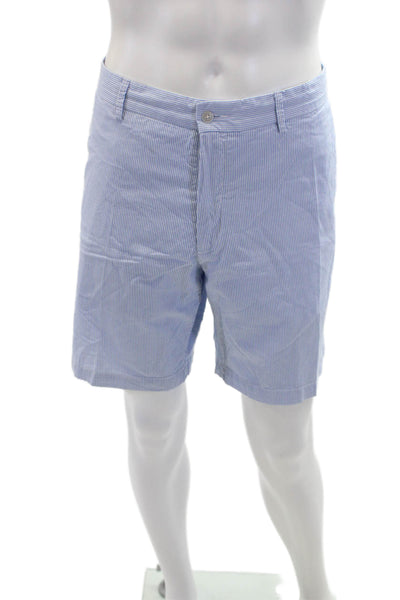 Peter Millar Mens Striped Mid Rise Zip Up Shorts Blue White Cotton Size 36