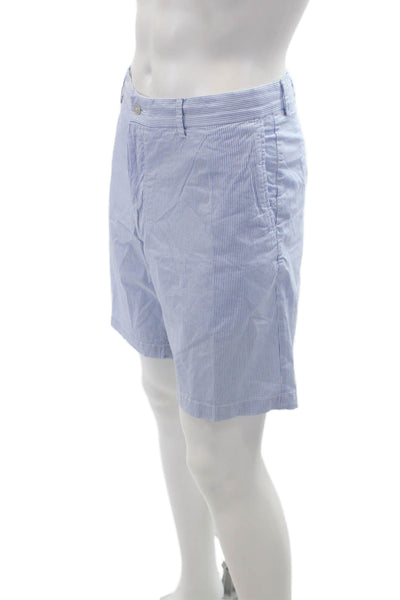 Peter Millar Mens Striped Mid Rise Zip Up Shorts Blue White Cotton Size 36