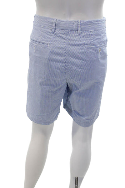 Peter Millar Mens Striped Mid Rise Zip Up Shorts Blue White Cotton Size 36