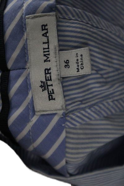 Peter Millar Mens Striped Mid Rise Zip Up Shorts Blue White Cotton Size 36