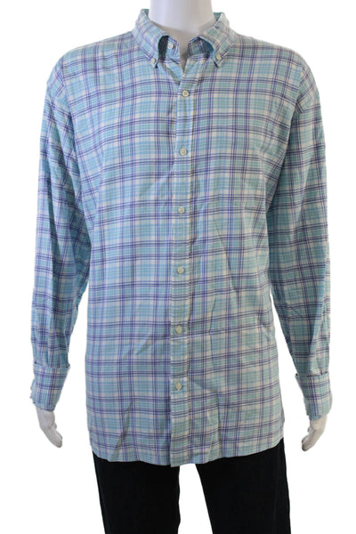 Peter Millar Mens Cotton Long Sleeve V-neck Plaid Print Top Blue Size 2XL
