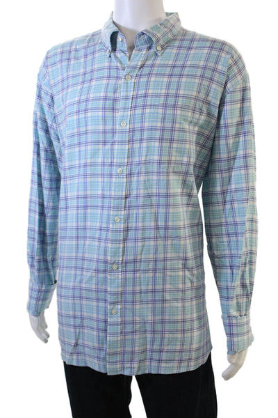 Peter Millar Mens Cotton Long Sleeve V-neck Plaid Print Top Blue Size 2XL
