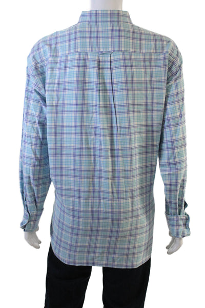 Peter Millar Mens Cotton Long Sleeve V-neck Plaid Print Top Blue Size 2XL