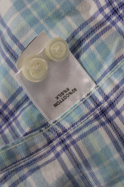 Peter Millar Mens Cotton Long Sleeve V-neck Plaid Print Top Blue Size 2XL