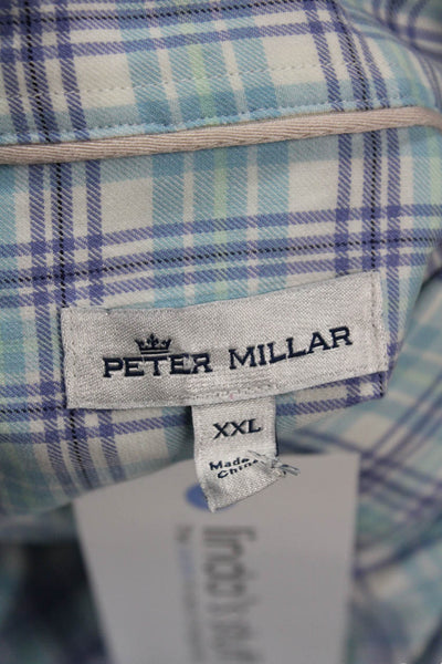 Peter Millar Mens Cotton Long Sleeve V-neck Plaid Print Top Blue Size 2XL