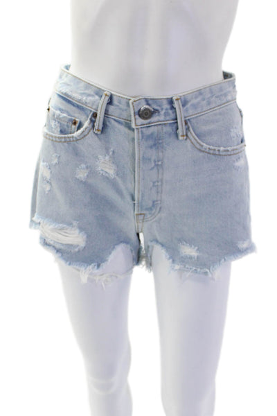 Grlfrnd Womens Button Fly Distressed Fringe Denim Shorts Blue Size 24