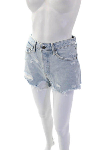 Grlfrnd Womens Button Fly Distressed Fringe Denim Shorts Blue Size 24