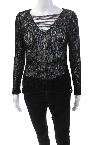 The Fisher Project Womens Long Sleeve Open Weave Blouse Black Size 2XS