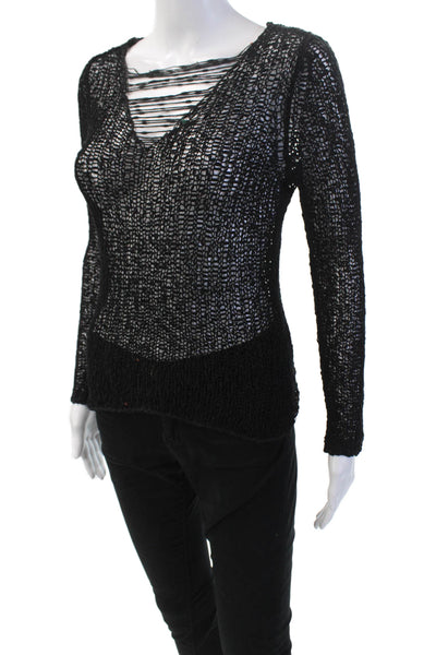 The Fisher Project Womens Long Sleeve Open Weave Blouse Black Size 2XS