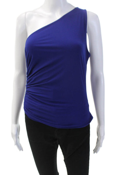 Omo Womens One Shoulder Ruched Sleeveless Tank Top Solid Blue Size M