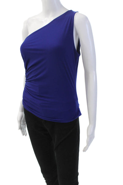 Omo Womens One Shoulder Ruched Sleeveless Tank Top Solid Blue Size M