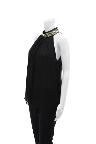 Milly Womens Sleeveless Embellished Crew Neck Silk Side Button Top Black Size 2